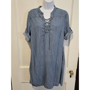 Philosophy Women's 100% Tencel Chambray Dress Lace Up Front Roll Short Sleeves S